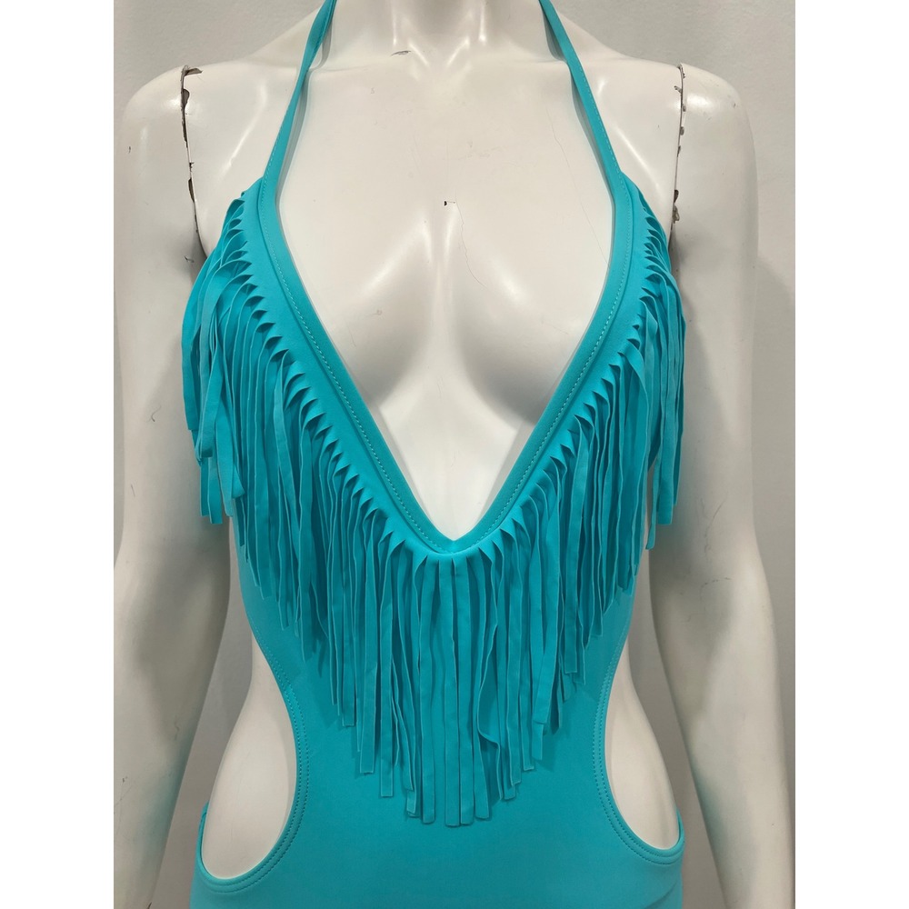 Si Qi SwimSuit Womens One Piece Fringe Monokini Small Teal Blue Cut Out Halter